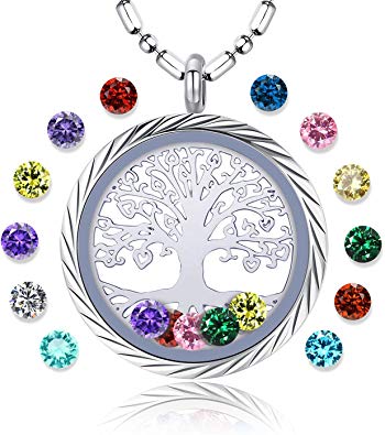 Family Tree of Life Floating Living Memory Locket Pendant Necklace with Birthstone, All Charms Included