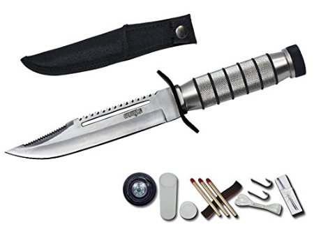 Rogue River Tactical Hunting Knife Silver Serrated Blade 95 Inch Survival Knife Heavy Duty with Kit and Sheath Camping Fishing Matches Fish hooks Needles Compass Emergency Survivor Kit