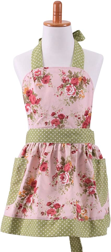 NEOVIVA Children Aprons for Kids Cooking, Baking, BBQ and Gardening, Heavy Duty Kids Aprons with Pockets for Little Curious Chef, Style Diana, Floral Quartz Pink