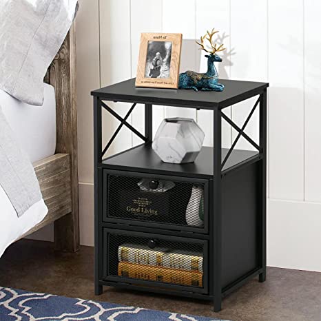 VECELO Modern X-Design Night Stand, Versatile Nightstands, End Drawer Storage Shelf Side Table, Black, 1 Set, Retro Blk