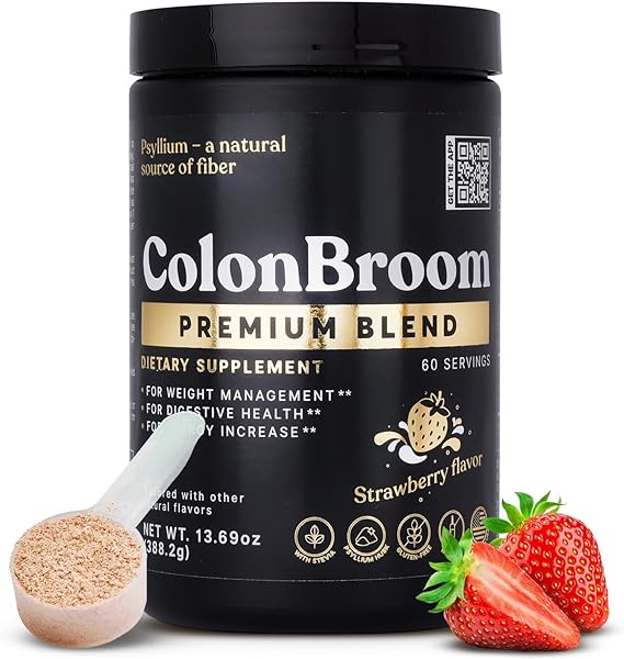 ColonBroom Premium Psyllium Husk Powder, Gluten Free, Non-GMO Strawberry Psyllium Husk Fiber Powder Drink, for Bloating Relief, Gut/Colon Health (60 Servings)
