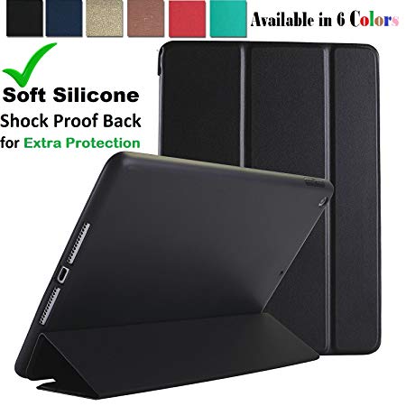 New iPad 9.7 2018 (Latest)/ 2017 Case for 6th & 5th Gen ( A1893 A1954 A1822 A1823 ) PU Leather Front   Soft Silicone Back(✔For Extra Protection) Smart Cover [Auto Sleep/Wake] TriFold➤Soft Back- Black