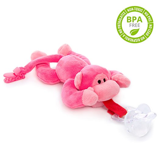 BabyHuggle Pink Monkey Pacifier - Stuffed Animal Binky, Soft Plush Toy with Detachable Silicone Baby Dummy, Paci Clip Leash & Squeaky. Teether Holder. Safe & Soothing Baby Shower Gift for Boys & Girls