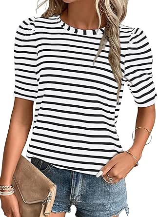 Dokotoo Women's Casual Short Puff Sleeve Crew Neck Striped T Shirts Summer Tops