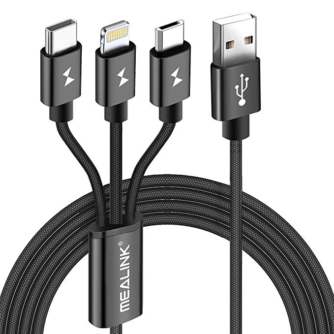 Multi Charging Cable, MEALINK 3 in 1Charging Cable 6.6ft(2m) USB Charger Branching Adapter Cord with Lighting/Micro USB/Type-C(USB C) for Android Samsung Galaxy, Huawei（Black）
