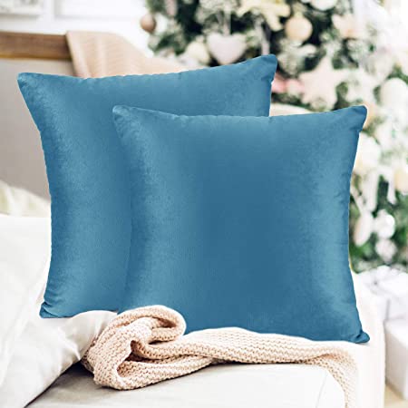 Nestl Bedding Throw Pillow Covers, Cozy Velvet Decorative Blue Heaven Pillow Covers 18x18 Inches, Soft Solid Couch Pillow Covers for Sofa, Bed and Car, Set of 2