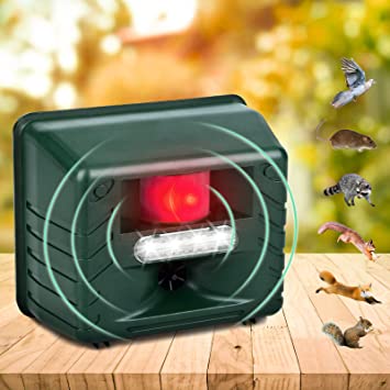 Allinall Ultrasonic Pest Animal Repeller Outdoor, Pest Animal Repeller with Strobe LED Light and Alarm to Drive Away Pest/Rodent/Deer/Cat/Dog/Fox/Mice/Bird/Skunk