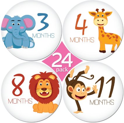 24 Pack of 4" Premium Baby Monthly Stickers By KiddosArt. 1 Happy Animal Sticker Per Month of Your Baby's First Year Growth and Holidays. Month Sticker for Baby, Boy or Girl. Milestone Onesie Stickers