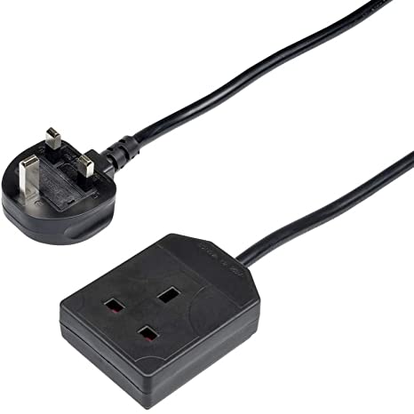 Invero 1 Way 1M Metre Gang Single Socket Power Mains Extension Lead Cable British Approved 13A Amps - Black