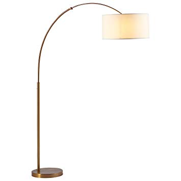 Rivet Brass Arc Floor Lamp, 76" H, with Bulb, Brass with Linen Shade