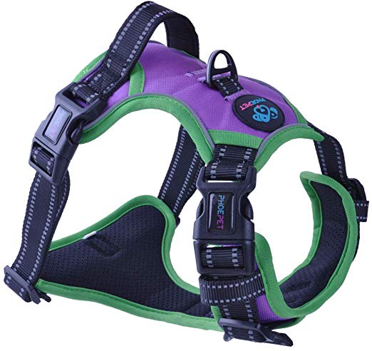 PHOEPET 2019 Upgraded No Pull Dog Harness, Unique Colors Reflective Adjustable Vest, with a Training Handle   2 Metal Leash Hooks  3 Snap Buckles  4 Slide Buckles [Easy to Put on & Take Off]