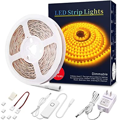 LED Strip Lights Dimmable LED Rope Lights 12V Yellow LED Tape Light 16.4ft Under Counter Lighting Non-Waterproof UL Power 2835 LED Closet Lights for Under Cabinet Bedroom Bar Party Decor (2000-2200K)