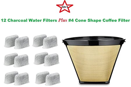 #4 Cone Shape Permanent Coffee Filter & a set of 12 Charcoal Water Filters for Cuisinart DCC-RWF1 Coffeemakers