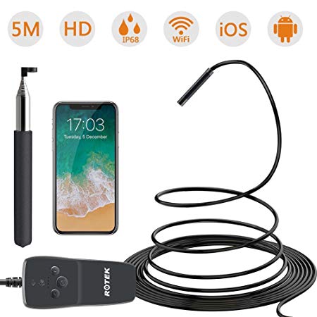 ROTEK Wireless Endoscope,1080P WiFi Inspection Camera 2.0MP HD IP68 Waterproof Borescope Semi-rigid Snake Camera with 8 LED Lights for iPhone iPad Samsung Android Phone, Tablet - 5 Meter