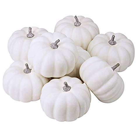 BESTTOYHOME 8 Realistic 4" Fall Harvest Small Off White Mini Artificial Pumpkins for Halloween, Fall and Thanksgiving Decorating