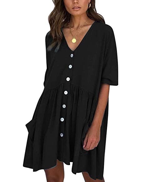 LANISEN Babydoll Dresses for Women,Casual Half Sleeve Button Down Loose Tunic Tops Dress