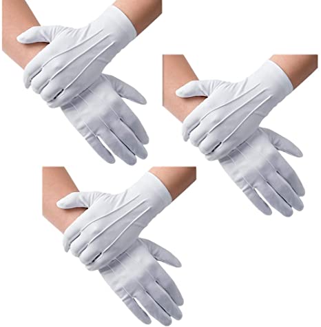 DH 3 Pairs Men's Women‘s White Polyester Gloves for Parade,Special events