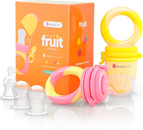 NatureBond Baby Food Feeder/Fruit Feeder Pacifier (2 Pack) - Infant Teething Toy Teether in Appetite Stimulating Colors | Bonus Includes Silicone Sacs