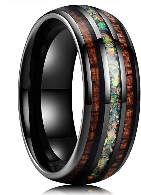 King Will Nature 8mm Tungsten Carbide Wedding Ring Inlaid with Real Wood & Colorful Fragments/Multicolor Opal Engagement Band