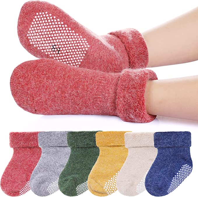 6 Pairs Baby Boy Girl Non Slip Socks Child Toddler Winter Thick Soft Wool Kids Warm Socks with Grips
