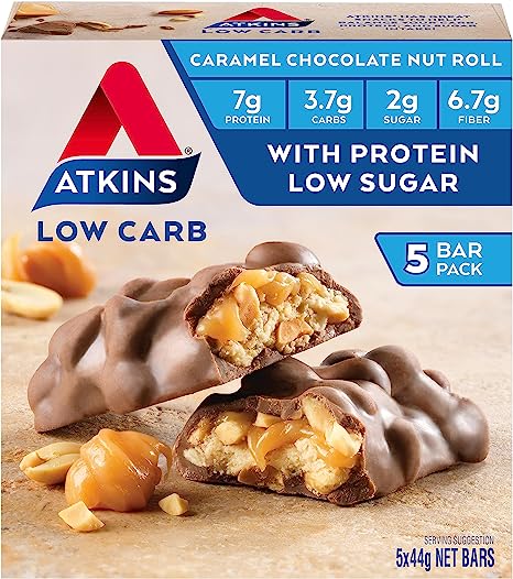 Atkins Caramel Chocolate Nut Roll Bar 220g, High Protein & Fibre, Pack of 5