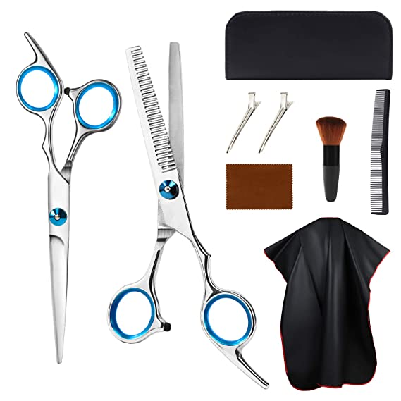 eNilecor Hair Cutting Kit Men Women Kids Pets, Home Hair Cutting Kit, 9 Pcs Hairdressing Scissors Set, Straight Scissors Thinning Shears Comb Cape Clips Brush Cleaning Cloth Case