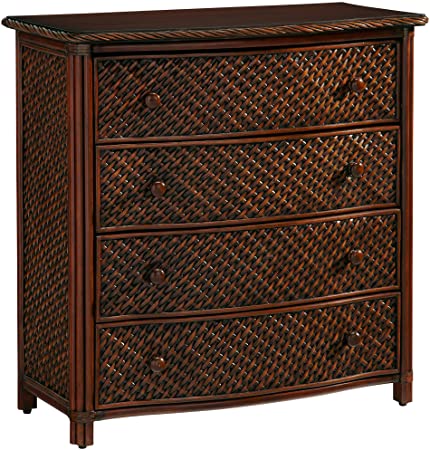 Home Styles Marco Island Cinnamon Drawer Chest with Four Drawers, Sculpted Palm Mahogany Hardware, Natural Woven Rattan Panels, Twisted Rattan Edged Top, and Solid Mahogany Posts