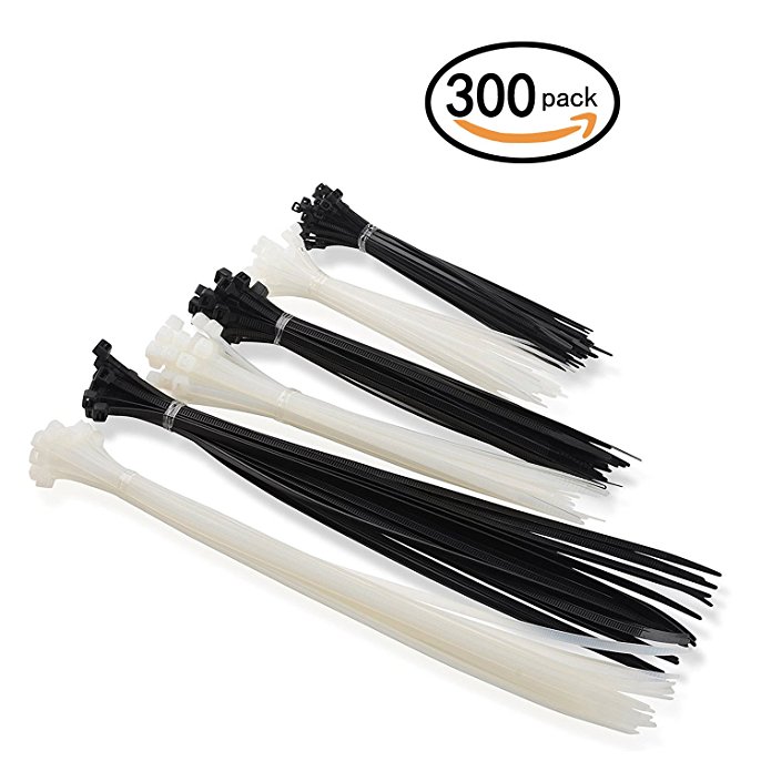 Cable Zip Ties, 300 Pcs Adjustable Durable Self locking 6 8 12-Inch Nylon Wrap Ties in Black & White for Home Office Garage Workshop Heavy Duty