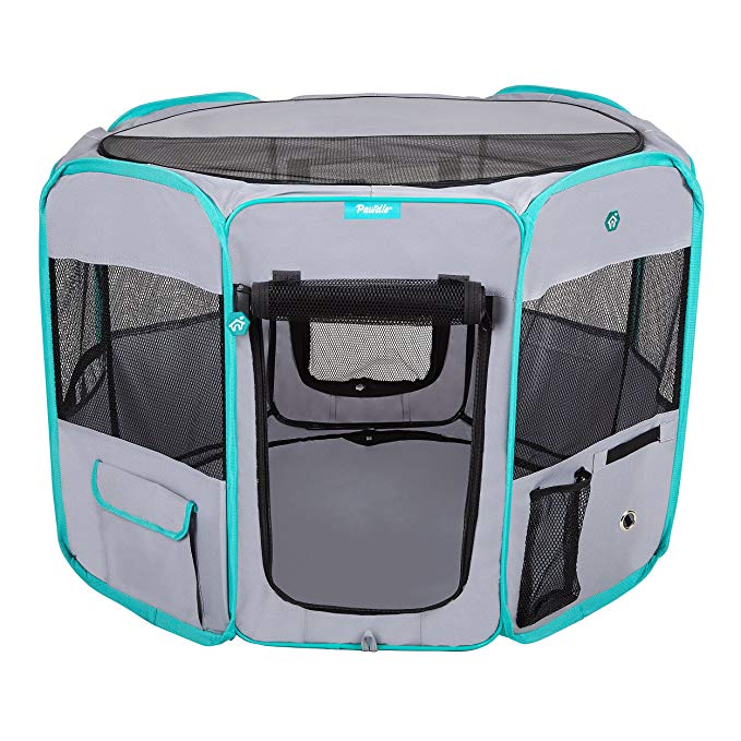 Pawdle Deluxe Premium Foldable Portable Traveling Exercise Pet Playpen Kennel Cats, Dogs, Kittens and All Pets - Travel Carrying Case - in Ground Stakes - Removable Shaded Cover and Bottom by