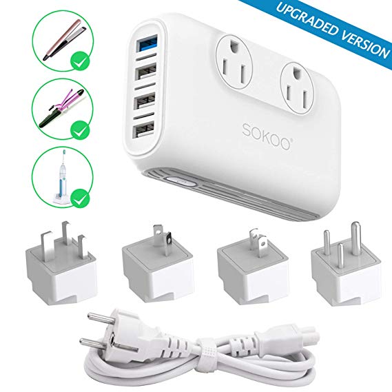 Sokoo Power Converter 220V to 110V, International Voltage Converter for Hair Straightener/Curling Iron, Step Down Universal Travel Adapter Europe UK/AU/US/in, 2Outlet, 4Port USB Charger QC3.0 White