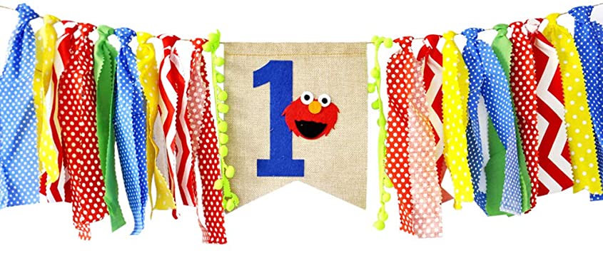 Ecore Fun First Birthday Party Decoration Supply Burlap High Chair Banner Bunting for Baby Boy - Elmo Theme