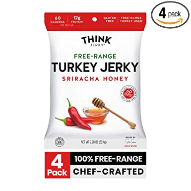 Sriracha Honey Turkey Jerky by Think Jerky — Delicious Chef Crafted Jerky — Free-Range Turkey With No Gluten or Antibiotics Added — Healthy Protein Snack Low in Calories and Fat — 2.2 Ounce (4 Pack)