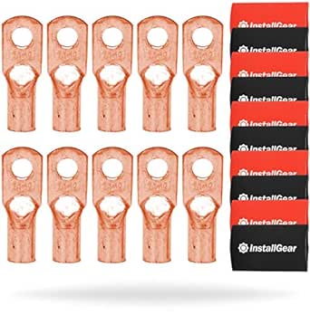 InstallGear 1/0 Gauge AWG Pure Copper Lugs Ring Terminals Connectors with Heat Shrink (10 Pack) | Electrical Connectors, 1/0 Gauge Terminals - Heat Shrink Wire Connectors for 1/0 Gauge Wire