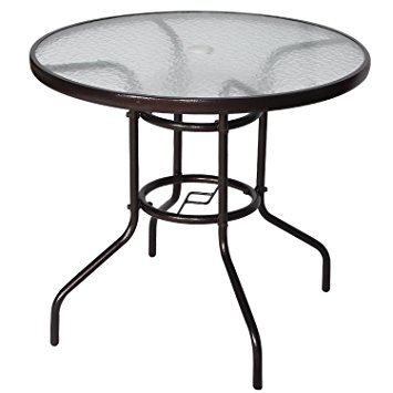 Cloud Mountain 32" Patio Tempered Glass Dining Table Top Umbrella Stand Round Table Deck Outdoor Furniture Garden Table, Dark Chocolate