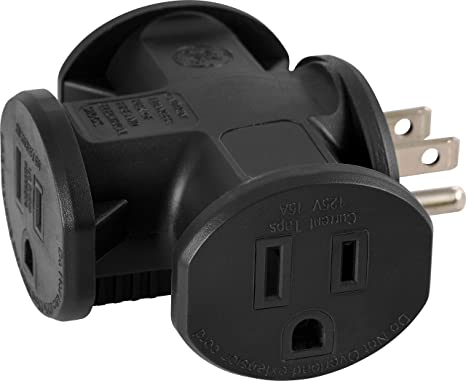 GE 3 T-Shaped Adapter, Power Outlet Extender, Grounded Wall Tap, Heavy Duty, UL Listed, Black, 50872, 1 Pack