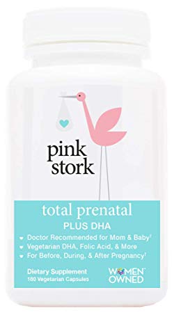 Pink Stork Total Prenatal   200 mg DHA -Recommended Nutrition Support for Before, During, After Pregnancy -90 Day Supply -Contains Folate & Essential Nutrients, Vegetarian DHA -180 Small Capsules
