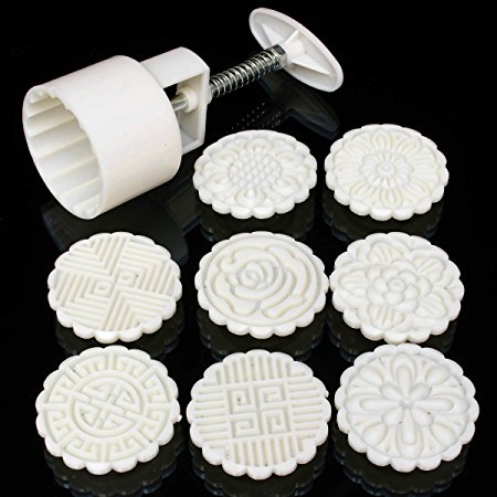 KINGSO Mooncake Mould Moon Cake Decoration Mold with 8pcs Flower Stamps Baking DIY Tool Round