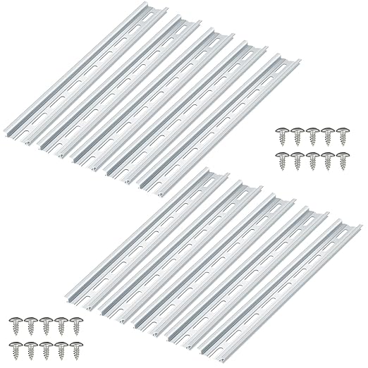 10 Piece Aluminum DIN Rails, 12 Inches Long, 35mm Wide, 7.5mm High, Top Hat Slotted DIN Rail with RoHS, Extra Premium Screws Included for Hardware Components Mounting