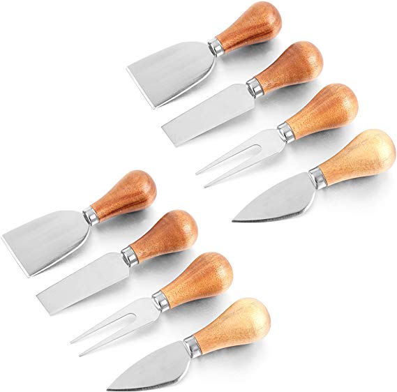 Fasmov 8 Pieces Set Cheese Knives with Wood Handle Stainless Steel Cheese Slicer Cheese Cutter, Cheese Knife, Shaver, Fork and Spreader