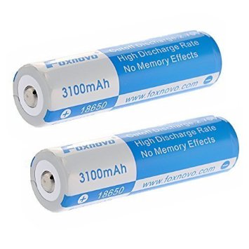 Foxnovo ICR18650 3100mAh 37v 115Wh High Drain IC Protected 18650 Rechargeable Li-ion Batterys - 2 Pieces