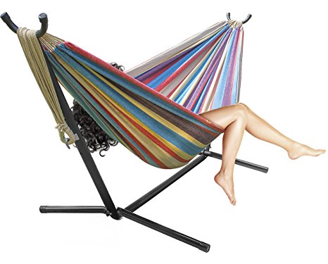 Sorbus Double Hammock with Steel Stand Two Person Adjustable Hammock Bed - Storage Carrying Case Included (Blue/Sand/Purple/Red)