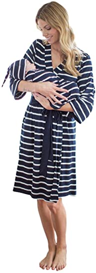 Matching Maternity/Delivery Robe with Baby Swaddle Set, Mom and Baby (Navy Blue Stripe, S/M pre Pregnancy 2-10)