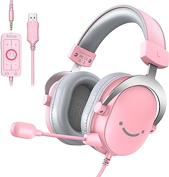 FIFINE USB Gaming Headset, PC Over-Ear Wired Streaming Headset with 3.5mm Jack, Detachable Microphone, 7.1 Surround Sound, Control Box, Passive Noise Cancellation, for PS4/PS5/Xbox/Switch-H9 Pink