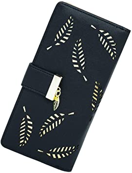 Molylove Women's Wallet Hollow Leaf Pattern Bifold Leather Lady Long Wallet Purse Zipper Handbag Button Clutch Bag (Black)