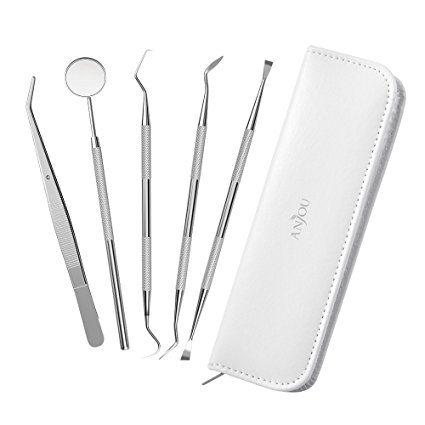 Anjou 5-in-1 Dental Hygiene Kit , Deep Teeth Cleaning Tools with Mouth Mirror, Tweezers, Dental Probe, Dental Tartar Scraper and Sickle Scaler ( PU Leather Carrying Case Included )