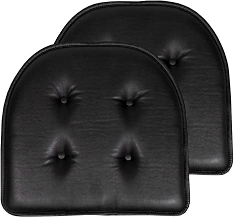 Sweet Home Collection Chair Cushion Memory Foam Pads Upholstered Non Skid Rubber Back U-Shaped 17" x 16" Seat Cover, 2 Pack, Faux Leather Black