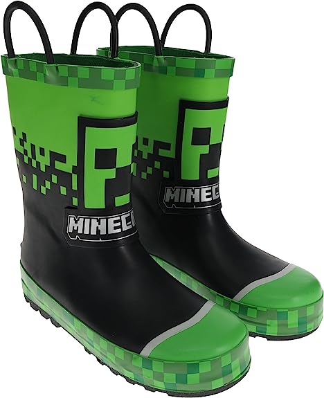 Minecraft Rain Boot for Kids, 100% Rubber Creeper Wellie Boot Waterproof, Green/Black, Little Kid Size 10/11 to Big Kid 3/4