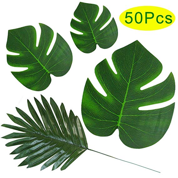 Outee 50 Pcs 4 Kinds Artificial Palm Leaves Tropical Leaves for Party Decor Supplies Faux Plants Long Stem Monstera Banana Leaf for Safari Jungle Party Luau Hawaii Flower Arrangements