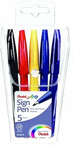 Pentel Arts Sign Pen, Fiber Tip, Assorted Ink, 5 Pack Pouch (S520-5)