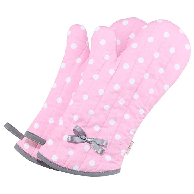 Neoviva Cotton Twill Quilted Oven Mitt for Adult Women, Set of 2, Polka Dots Pink